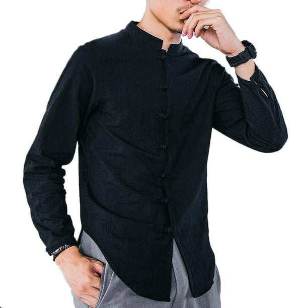 Domple Men Stand Collar Stylish Buttons Linen Long Sleeve Shirts 